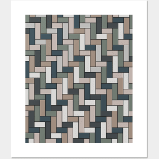 Geometric Tiled Grid Pattern in Green, Grey, Blue and Beige Posters and Art